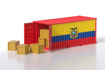 Cargo Container with Ecuador Flag Being Unloaded with Wooden Crates on White Background