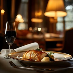 Fine Dining Experience with Elegant Presentation and Soft Lighting