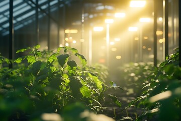 A greenhouse filled with vibrant plants illuminated by warm light beams.