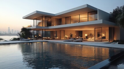 Obraz premium A 3D render of a sleek, ultra-modern mansion with large glass walls and infinity pool