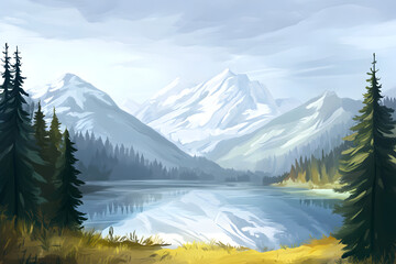 Serene Mountain Lake Landscape Art Piece