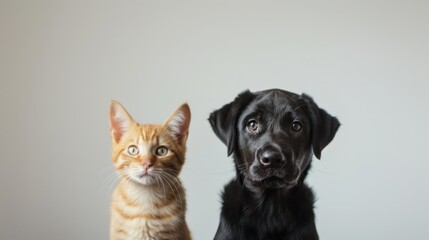 photograph of photo dog and cat on a plain white background wide angle lens