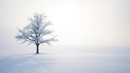 A solitary frost-covered tree stands tall against a white backdrop, its shadow stretching across the pristine snow, hinting at a winter landscape veiled in silence.