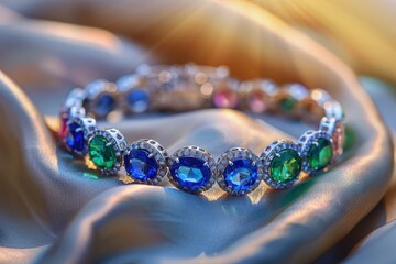 A sparkling bracelet adorned with colorful gemstones, resting elegantly on a silky fabric, capturing light and enhancing its luxurious appearance.