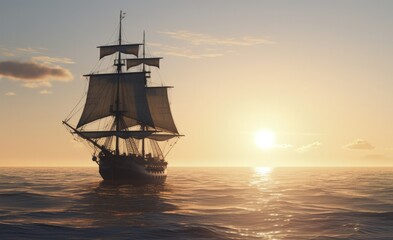 Sailing ship on a sea cruise. Sunset. Travel.