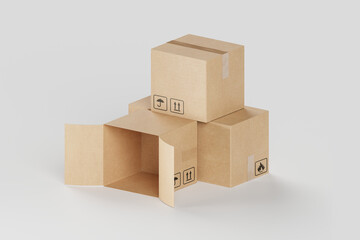 Cargo box on white background. Isolated 3D illustration. Boxes made of corrugated cardboard for parcels or moving.