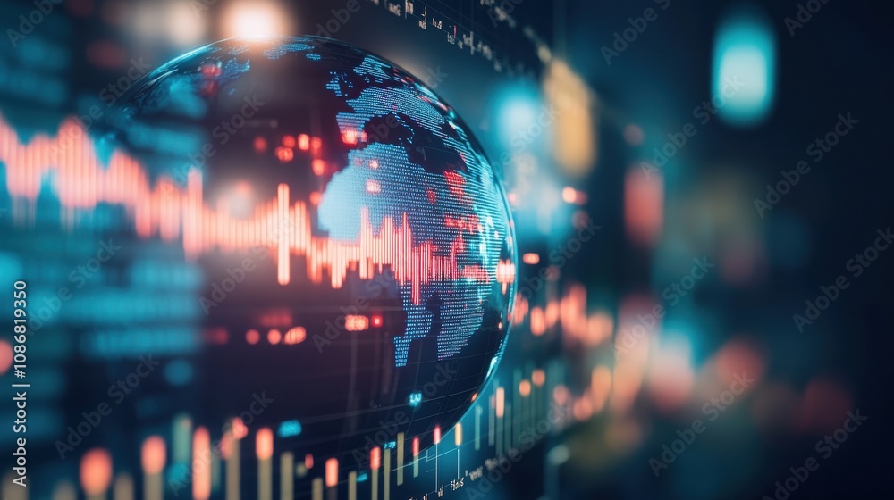 Poster digital globe representing data analytics and global connectivity with graphical overlays indicating