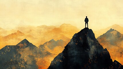 Silhouette of a man standing on a mountain peak at sunset, overlooking a vast, misty mountain range.