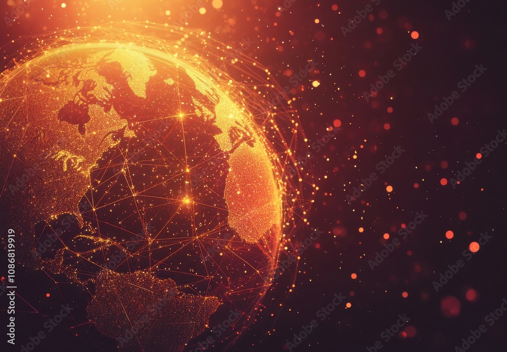 Poster futuristic digital globe illustration with connecting lines and red particle background representing