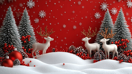 Christmas Reindeer in a Snowy Red Winter Scene