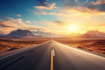 Naklejka premium Highway road going into the distance. Sunset.