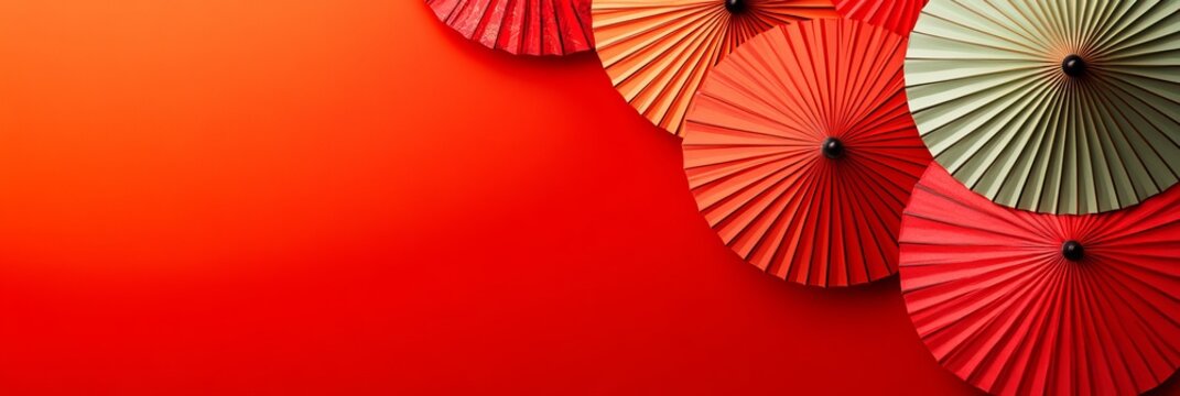 Vibrant Red and Gold Japanese Umbrellas Arranged on a Bold Red Background, Cultural Festive Theme - Powered by Adobe