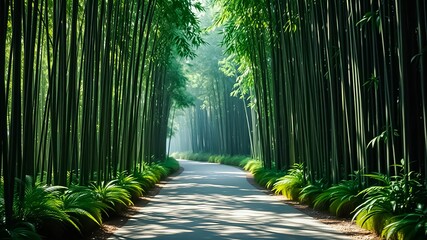 Fototapeta premium A winding path through a serene bamboo forest, sunlight filtering through the dense canopy, creating a picturesque and tranquil scene.