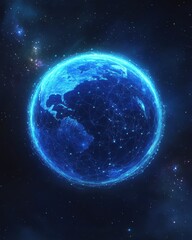 Fototapeta premium Futuristic Digital Globe Surrounded by a Cosmic Network of Light, Illustrating Global Connectivity and Technological Advancement in a Stunning Galactic Environment