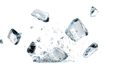 Dynamic Shattering of Ice Cubes: A Captivating Moment Captured in Motion, Portraying the Intricate Details of Crystalline Shards and Reflections Against a Dark Backdrop