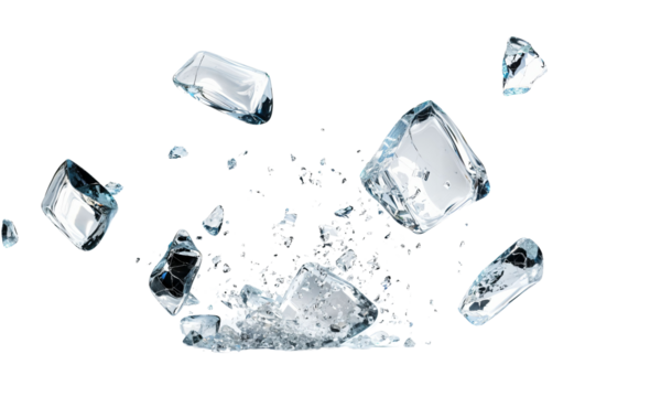 Dynamic Shattering of Ice Cubes: A Captivating Moment Captured in Motion, Portraying the Intricate Details of Crystalline Shards and Reflections Against a Dark Backdrop