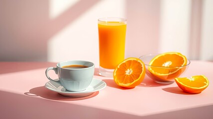A cup of coffee, a glass of orange juice, and fresh orange slices on a pink table illuminated by sunlight.