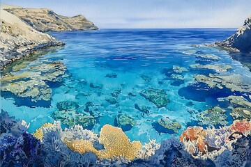 Obraz premium Vibrant Watercolor Painting of a Secluded Cove with Crystal-Clear Water and Colorful Coral Reef. This stunning artwork captures the beauty of a tranquil ocean scene.