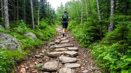 Obraz premium Trail runner climbing rocky path, stamina test, intense long-distance terrain