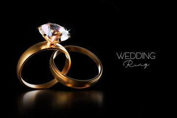 A pair of golden wedding rings. 3D render isolated on black background. Wedding concept.