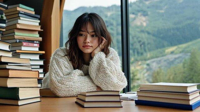A young woman in a cozy sweater poses thoughtfully near a stack of books and a scenic view.
