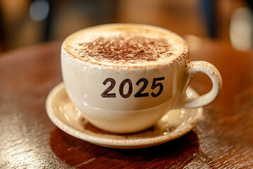Obraz premium Cappuccino with the word 2025 written on it