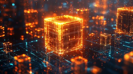 Bitcoin symbols glowing with cascading holographic lights floating within vibrant blockchain grids, focus on financial tech, futuristic, fusion, decentralized network backdrop