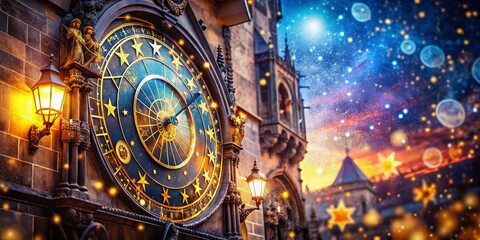 Fototapeta premium Enchanting Double Exposure of Prague's Zodiac Clock Blending Celestial Symbols and Historic Architecture for a Mystical Atmosphere