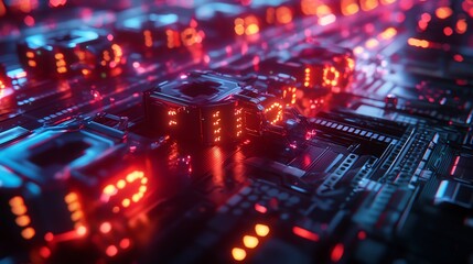 Fototapeta premium Holographic trails of glowing blockchain nodes floating amidst dynamic neon grids over a cyber landscape