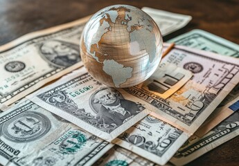 Global finances represented by a glass globe resting on various denominations of currency, symbolizing international trade, economics, and globalization effects
