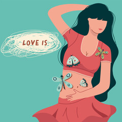 Cute girl in a tank top. Butterflies in her stomach. Valentines day, romantic art. vector hand drawn illustration.