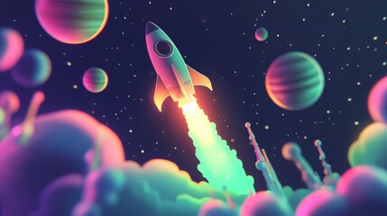 A colorful cartoon vector illustration of an animated rocket taking off into space, surrounded by planets and stars.