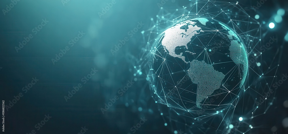 Poster Modern Digital Globe with Network Connections Representing Global Communication and Data Exchange Over Blue Background in High-Tech Style