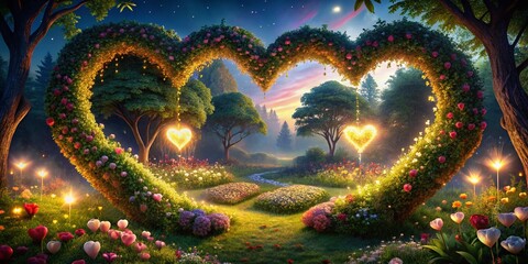 Fototapeta premium Enchanting Low Light Photography of a Love Heart Garden Bathed in Moonlight with Glowing Flowers and Soft Shadows Creating a Romantic Atmosphere for Couples and Nature Lovers