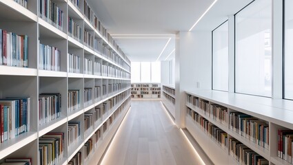 Obraz premium Modern minimalist library with bright lighting and white shelves, open and spacious design