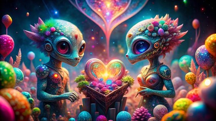Obraz premium Enchanting Macro Photography of Alien Valentines Surrounded by Cosmic Flowers and Heart-shaped Crystals in a Dreamy Galaxy Setting