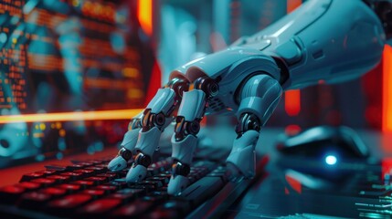 photograph of Robotic hand working on a computer or mornitor