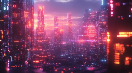 Fototapeta premium Radiant holographic blockchain grids forming glowing digital designs over a cyberpunk skyline