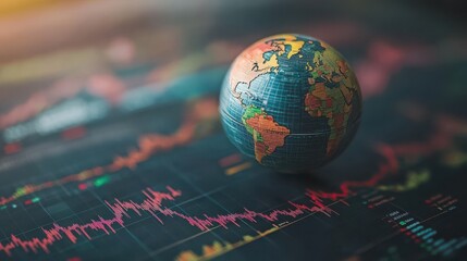 A Colorful World Globe on a Dark Background with Financial Charts Illustrating Global Economic Trends and Data Analysis