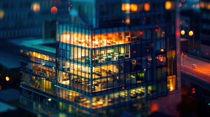 photograph of Sharp and detailed tilt-shift photo of a modern corporate office illuminated