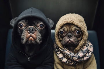 Two pugs dressed in cozy hoodies sit side by side against a black background, exuding an air of cuteness and companionship, highlighting pet fashion.