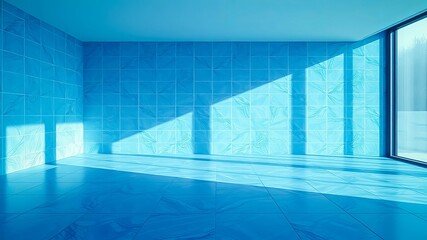 Obraz premium Empty Room with Blue Tiled Walls and Floor, Bathed in Sunlight Through a Large Window