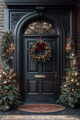 Elegant Christmas Door with Festive Wreath and Pine Trees