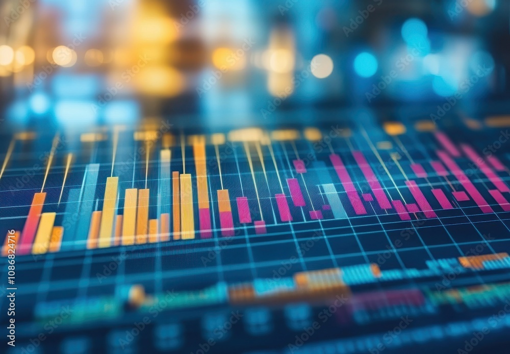 Poster colorful bar graphs overlaid on a digital screen with bokeh background for economic analysis and dat