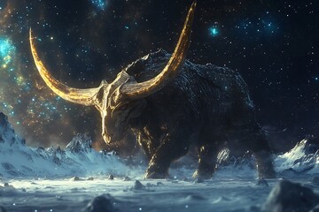 Obraz premium A massive, mythical bull with glowing horns stands in a cosmic, snowy landscape.