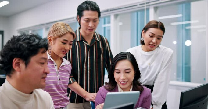Japanese man, group and tablet in office with discussion, reading and happy with project at startup. Business people, leader and team with report, progress and excited for proposal at creative agency