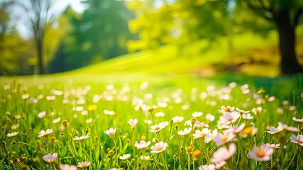 Fototapeta premium A field of delicate white blossoms bathed in the soft glow of the setting sun, surrounded by lush green grass and a blurred background of trees