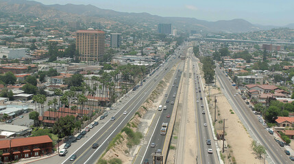 Fototapeta premium Vibrant city skyline with busy highway and mountains in background during bright sunny day. Generative AI