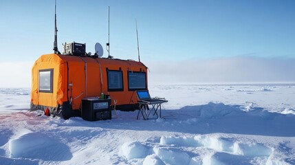 Researchers utilize a portable satellite terminal to send urgent reports from the magnificent ice fields under a clear blue sky