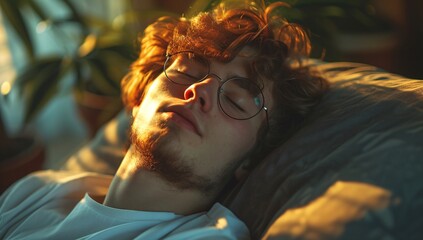 Obraz premium A young man with curly hair and glasses peacefully sleeping on a cozy bed, surrounded by lush indoor plants, capturing a serene moment of relaxation.